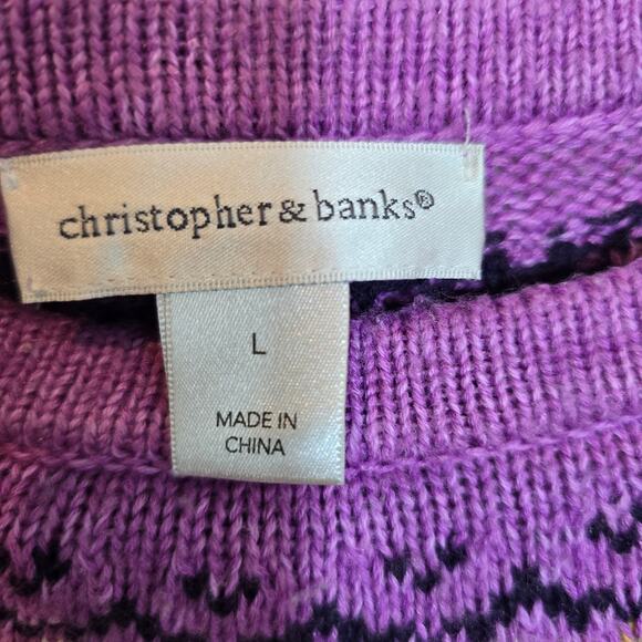 Christopher & Banks Fair Isle Pullover Sweater Size L Purple Yoke Cotton Blend - Picture 7 of 8